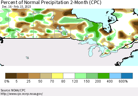 Canada Percent of Normal Precipitation 2-Month (CPC) Thematic Map For 12/16/2022 - 2/15/2023
