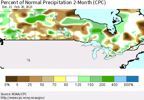 Canada Percent of Normal Precipitation 2-Month (CPC) Thematic Map For 12/21/2022 - 2/20/2023