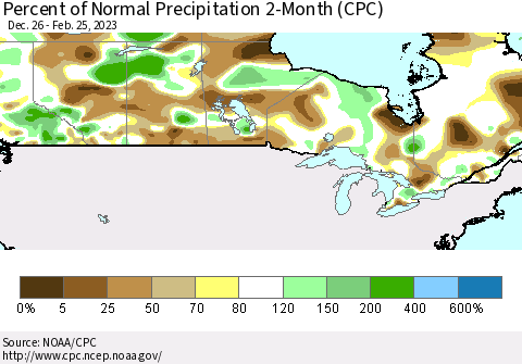 Canada Percent of Normal Precipitation 2-Month (CPC) Thematic Map For 12/26/2022 - 2/25/2023