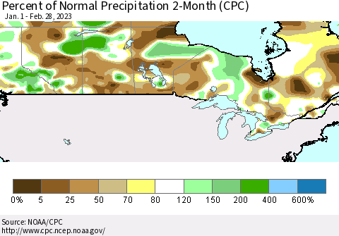 Canada Percent of Normal Precipitation 2-Month (CPC) Thematic Map For 1/1/2023 - 2/28/2023