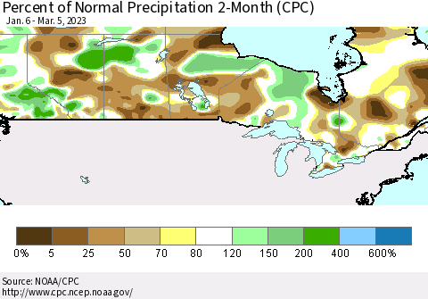 Canada Percent of Normal Precipitation 2-Month (CPC) Thematic Map For 1/6/2023 - 3/5/2023