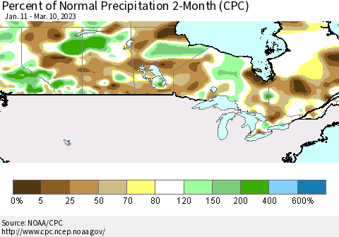 Canada Percent of Normal Precipitation 2-Month (CPC) Thematic Map For 1/11/2023 - 3/10/2023