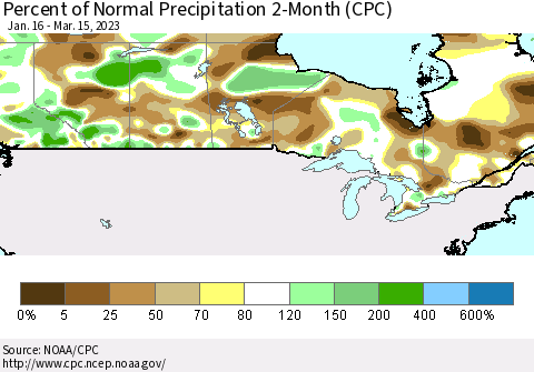 Canada Percent of Normal Precipitation 2-Month (CPC) Thematic Map For 1/16/2023 - 3/15/2023