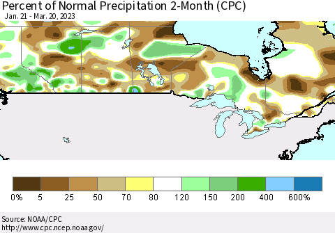 Canada Percent of Normal Precipitation 2-Month (CPC) Thematic Map For 1/21/2023 - 3/20/2023