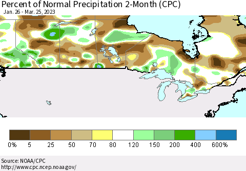 Canada Percent of Normal Precipitation 2-Month (CPC) Thematic Map For 1/26/2023 - 3/25/2023