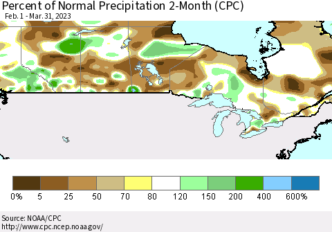 Canada Percent of Normal Precipitation 2-Month (CPC) Thematic Map For 2/1/2023 - 3/31/2023