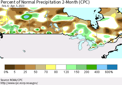 Canada Percent of Normal Precipitation 2-Month (CPC) Thematic Map For 2/6/2023 - 4/5/2023