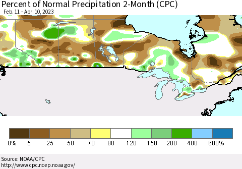 Canada Percent of Normal Precipitation 2-Month (CPC) Thematic Map For 2/11/2023 - 4/10/2023