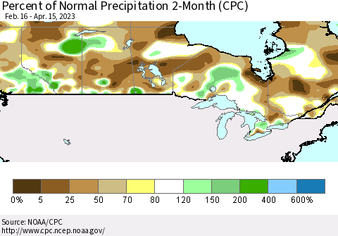 Canada Percent of Normal Precipitation 2-Month (CPC) Thematic Map For 2/16/2023 - 4/15/2023