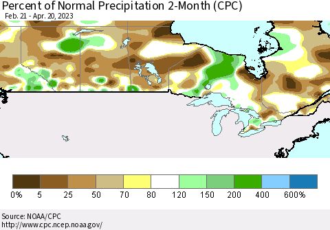 Canada Percent of Normal Precipitation 2-Month (CPC) Thematic Map For 2/21/2023 - 4/20/2023