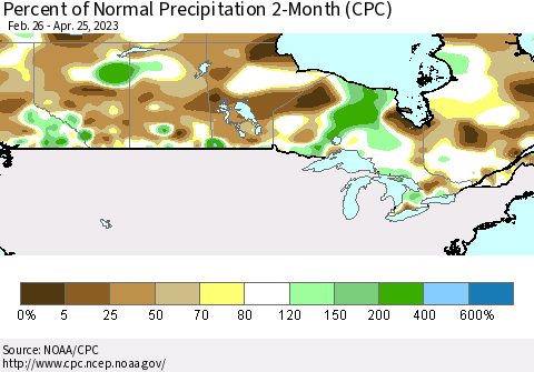 Canada Percent of Normal Precipitation 2-Month (CPC) Thematic Map For 2/26/2023 - 4/25/2023