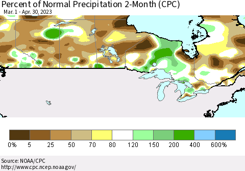 Canada Percent of Normal Precipitation 2-Month (CPC) Thematic Map For 3/1/2023 - 4/30/2023