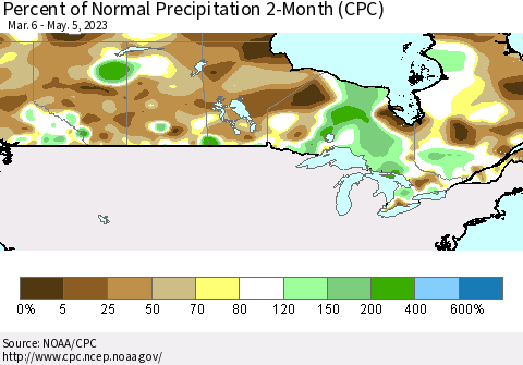 Canada Percent of Normal Precipitation 2-Month (CPC) Thematic Map For 3/6/2023 - 5/5/2023