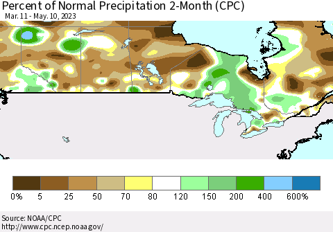 Canada Percent of Normal Precipitation 2-Month (CPC) Thematic Map For 3/11/2023 - 5/10/2023