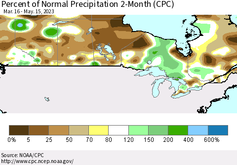 Canada Percent of Normal Precipitation 2-Month (CPC) Thematic Map For 3/16/2023 - 5/15/2023