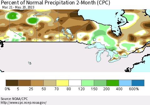 Canada Percent of Normal Precipitation 2-Month (CPC) Thematic Map For 3/21/2023 - 5/20/2023