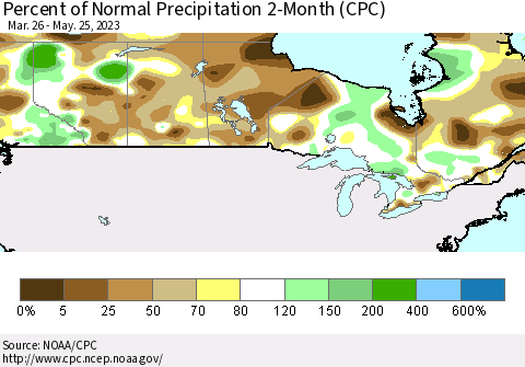 Canada Percent of Normal Precipitation 2-Month (CPC) Thematic Map For 3/26/2023 - 5/25/2023