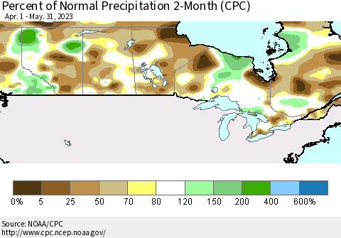 Canada Percent of Normal Precipitation 2-Month (CPC) Thematic Map For 4/1/2023 - 5/31/2023