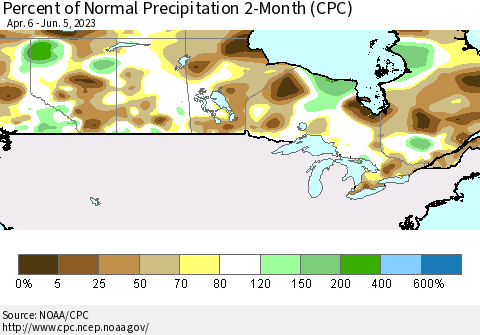 Canada Percent of Normal Precipitation 2-Month (CPC) Thematic Map For 4/6/2023 - 6/5/2023