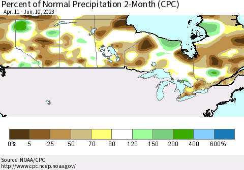 Canada Percent of Normal Precipitation 2-Month (CPC) Thematic Map For 4/11/2023 - 6/10/2023