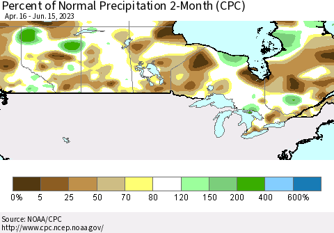 Canada Percent of Normal Precipitation 2-Month (CPC) Thematic Map For 4/16/2023 - 6/15/2023