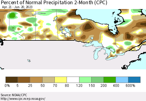 Canada Percent of Normal Precipitation 2-Month (CPC) Thematic Map For 4/21/2023 - 6/20/2023