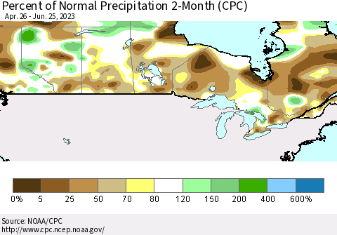 Canada Percent of Normal Precipitation 2-Month (CPC) Thematic Map For 4/26/2023 - 6/25/2023