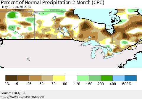 Canada Percent of Normal Precipitation 2-Month (CPC) Thematic Map For 5/1/2023 - 6/30/2023