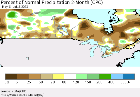 Canada Percent of Normal Precipitation 2-Month (CPC) Thematic Map For 5/6/2023 - 7/5/2023