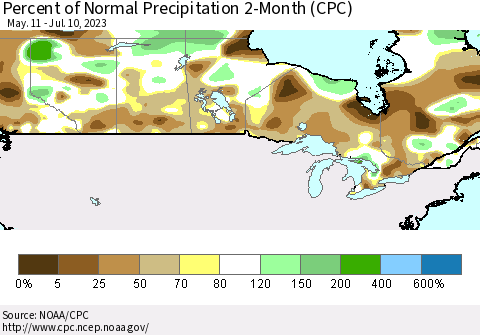 Canada Percent of Normal Precipitation 2-Month (CPC) Thematic Map For 5/11/2023 - 7/10/2023
