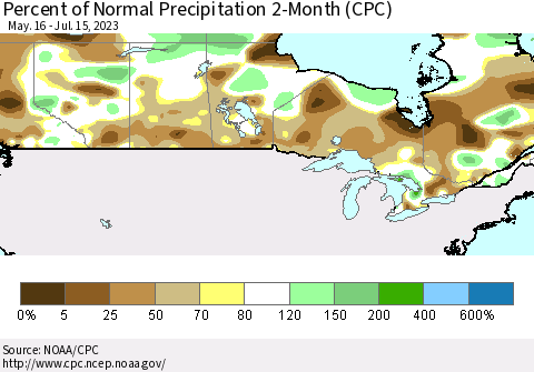 Canada Percent of Normal Precipitation 2-Month (CPC) Thematic Map For 5/16/2023 - 7/15/2023