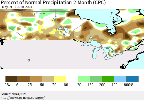 Canada Percent of Normal Precipitation 2-Month (CPC) Thematic Map For 5/21/2023 - 7/20/2023