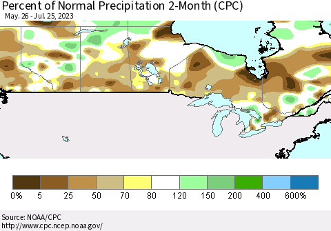 Canada Percent of Normal Precipitation 2-Month (CPC) Thematic Map For 5/26/2023 - 7/25/2023
