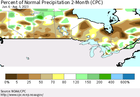 Canada Percent of Normal Precipitation 2-Month (CPC) Thematic Map For 6/6/2023 - 8/5/2023