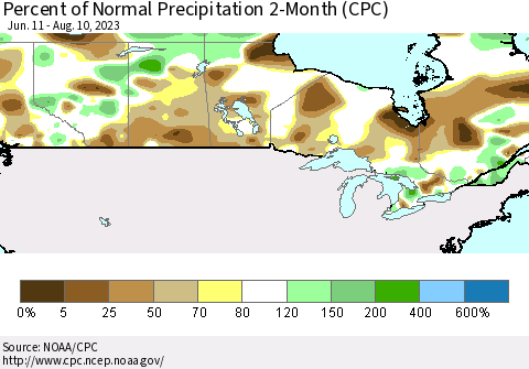 Canada Percent of Normal Precipitation 2-Month (CPC) Thematic Map For 6/11/2023 - 8/10/2023