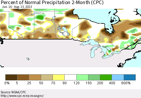 Canada Percent of Normal Precipitation 2-Month (CPC) Thematic Map For 6/16/2023 - 8/15/2023
