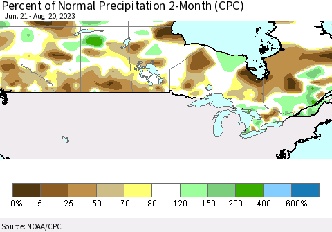 Canada Percent of Normal Precipitation 2-Month (CPC) Thematic Map For 6/21/2023 - 8/20/2023