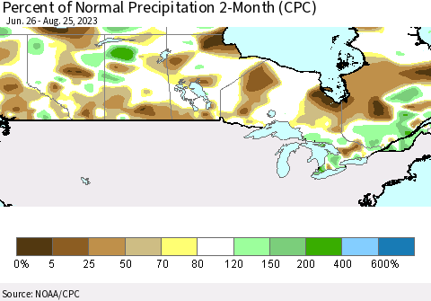 Canada Percent of Normal Precipitation 2-Month (CPC) Thematic Map For 6/26/2023 - 8/25/2023
