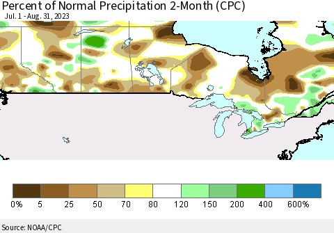 Canada Percent of Normal Precipitation 2-Month (CPC) Thematic Map For 7/1/2023 - 8/31/2023