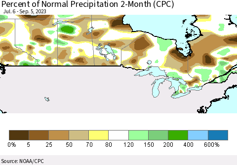 Canada Percent of Normal Precipitation 2-Month (CPC) Thematic Map For 7/6/2023 - 9/5/2023