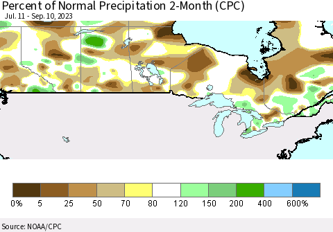 Canada Percent of Normal Precipitation 2-Month (CPC) Thematic Map For 7/11/2023 - 9/10/2023