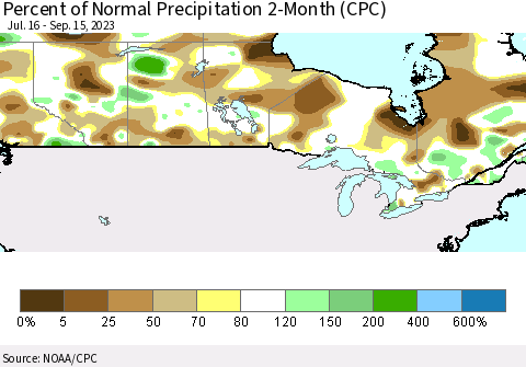 Canada Percent of Normal Precipitation 2-Month (CPC) Thematic Map For 7/16/2023 - 9/15/2023