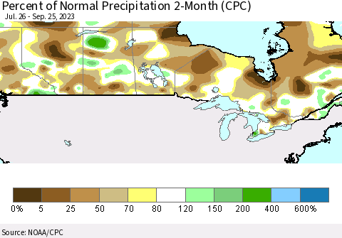 Canada Percent of Normal Precipitation 2-Month (CPC) Thematic Map For 7/26/2023 - 9/25/2023
