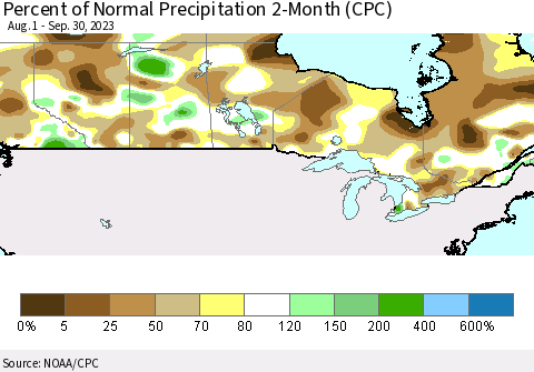 Canada Percent of Normal Precipitation 2-Month (CPC) Thematic Map For 8/1/2023 - 9/30/2023