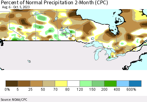 Canada Percent of Normal Precipitation 2-Month (CPC) Thematic Map For 8/6/2023 - 10/5/2023