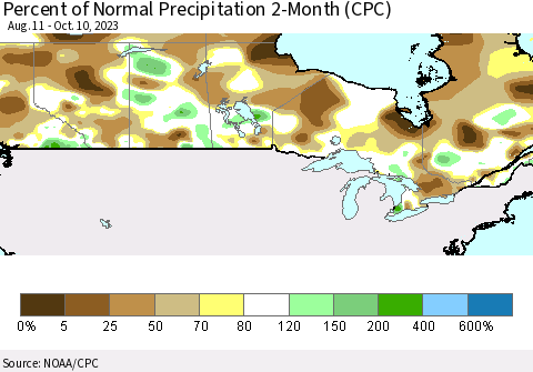 Canada Percent of Normal Precipitation 2-Month (CPC) Thematic Map For 8/11/2023 - 10/10/2023