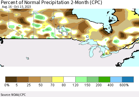 Canada Percent of Normal Precipitation 2-Month (CPC) Thematic Map For 8/16/2023 - 10/15/2023