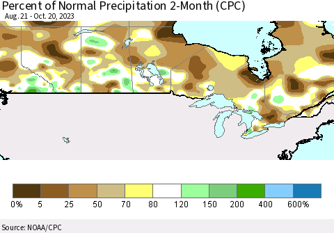 Canada Percent of Normal Precipitation 2-Month (CPC) Thematic Map For 8/21/2023 - 10/20/2023