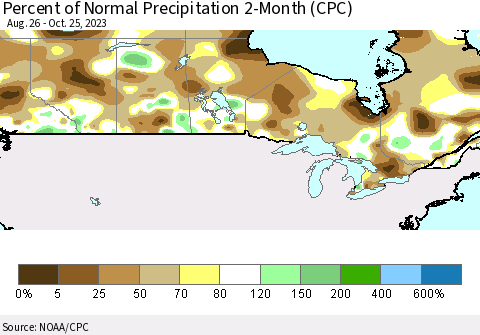 Canada Percent of Normal Precipitation 2-Month (CPC) Thematic Map For 8/26/2023 - 10/25/2023