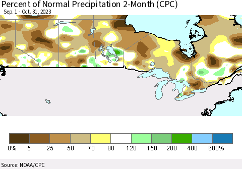 Canada Percent of Normal Precipitation 2-Month (CPC) Thematic Map For 9/1/2023 - 10/31/2023